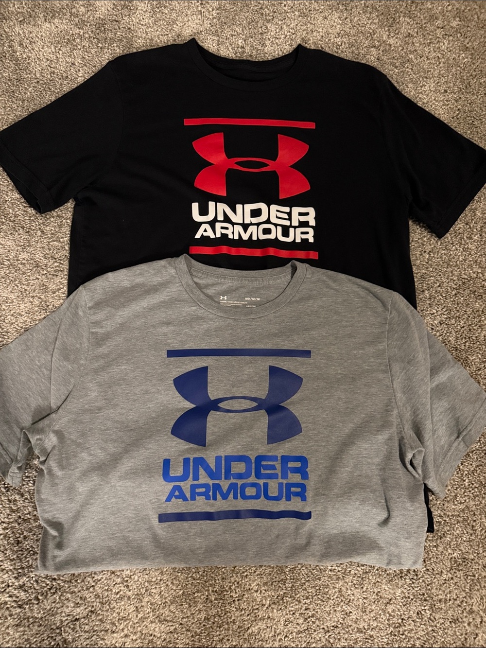 Lot of 2-Under Armour Black Tee with Red Logo & Gray Tee with Blue Logo
